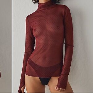 Free People Intimately On The Dot Sheer Layering Top Wild Garnet Burgundy XS